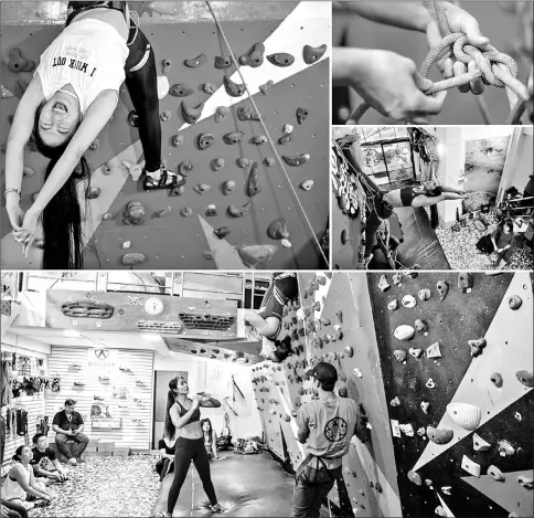  ??  ?? (Clockwise from top left) A student reacts to her effort at striking a pose during a climbing yoga class in Yangon. • Khin loops climbing rope into a knot while attaching a harness to a student. • Khin performs a yoga pose on a climbing wall during a...