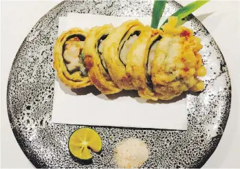  ??  ?? Ling cod and ebi yuba tsutsumi age — fishcake rolled in nori, a thin layer of mozzarella, and tofu skin, then deepfried — is a labour-intensive dish.