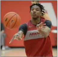  ?? (NWA Democrat-Gazette/Andy Shupe) ?? Arkansas guard JD Notae, who broke his wrist in July, was fully recovered in time for the start of preseason practice Wednesday, according to Coach Eric Musselman. Notae is one of 10 newcomers on the UA roster.