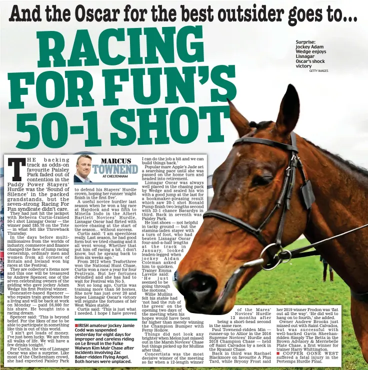  ?? GETTY IMAGES ?? Surprise: jockey Adam Wedge enjoys Lisnagar Oscar’s shock victory