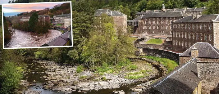  ??  ?? On a different level: The River Clyde at the village of New Lanark is very different this week compared to the same scene photograph­ed back in February, inset