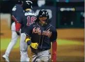  ?? ERIC GAY — THE ASSOCIATED PRESS ?? The Braves’ Ronald Acuna Jr. celebrates after scoring in the third inning of Atlanta’s series-clinching win Thursday.