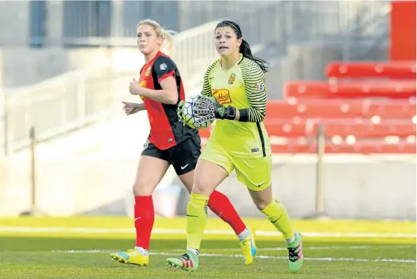  ?? DANIEL BARTEL/WESTERN NEW WORK FLASH ?? Sabina D'Angelo, 23, of Welland, shown playing goal for the West New York Flash of the National Women's Soccer League, is a member of the Canadian national team competing at the 2016 Summer Olympics getting underway next week in Brazil.