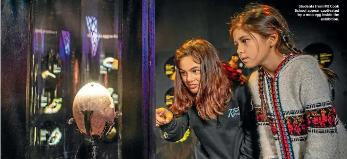  ??  ?? Students from Mt Cook School appear captivated by a moa egg inside the exhibition.