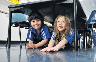  ?? PHOTO: GREGOR RICHARDSON ?? Drop, cover, hold . . . Carisbrook School pupils Jake Cairns (6) and Makayla Donnelly (6) duck for cover in Dunedin as part of a nationwide earthquake drill yesterday.