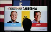  ?? JAE C. HONG — THE ASSOCIATED PRESS ?? Photos of U.S. Rep. Adam Schiff, D-Calif., and his Republican opponent Steve Garvey flash on a television screen during an election night party for Schiff on Tuesday in Los Angeles.