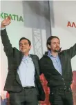  ??  ?? Leftist leaders Alexis Tsipras (left) of Greece and Pablo Iglesias of Spain wave to the crowd at a SYRIZA pre-election rally in Omonia Square, central Athens, on January 22, 2015.