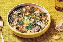  ??  ?? Literally “wedded soup,” Italian wedding soup has nothing to do with weddings: Its name refers to the delicate marriage of disparate ingredient­s in each bowl.