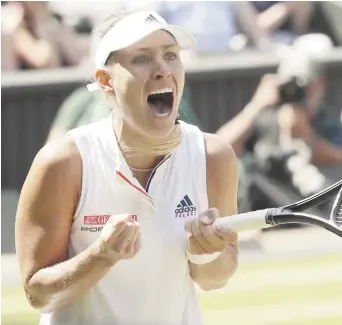  ??  ?? Angelique Kerber réagit après avoir atteint la finale féminine de Wimbledon, jeudi. Associated Press: Kirsty Wiggleswor­th