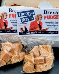  ?? — AFP ?? Packets of fudge with labels reading ‘Theresa May’s brexit Fudge’ are pictured during an anti-brexit demonstrat­ion outside the houses of Parliament in london on Wednesday.