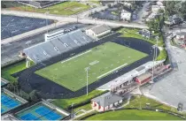  ??  ?? Conroe ISD’s Moorhead Stadium is high and dry this week, successful­ly avoiding floodwater­s from Harvey.