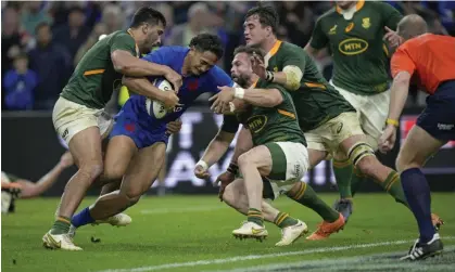  ?? Photograph: Daniel Cole/AP ?? France's Sipili Falatea charges to the line to score his crucial try against South Africa in Marseille.