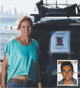  ?? Picture: STEVE HOLLAND ?? Vanessa Richards pictured at Currumbin where she is searching for her son Karl Melo-Richards (inset), who has been missing since September last year.