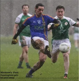  ??  ?? Wicklow’s Paul Cunningham gets his pass away.