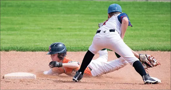  ?? STEVEN MAH/SOUTHWEST BOOSTER ?? Swift Current’s Levi Wills (left) swam around the tag at second base during the 13U AAA 57’s semi-final win over the visiting Regina Expos.