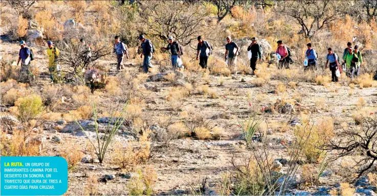  ??  ?? LA RUTA. UN GRUPO DE INMIGRANTE­S CAMINA POR EL DESIERTO EN SONORA, UN TRAYECTO QUE DURA DE TRES A CUATRO DÍAS PARA CRUZAR. Jueves 3 de agosto de 2017