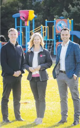  ?? Picture: Chris Kidd ?? Labor leader Rebecca White with Huon Labor candidate Toby Thorpe (left) and Elwick Labor MLC Josh Willie.