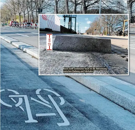  ??  ?? Rund zwölf Zentimeter hoch ist die Abtrennung zwischen Radweg und Fahrbahn.