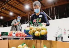  ?? ?? Tsega Mengistu (left) and Carolyn Houston organize onions at the food bank, which is aided by The Chronicle’s Season of Sharing Fund.