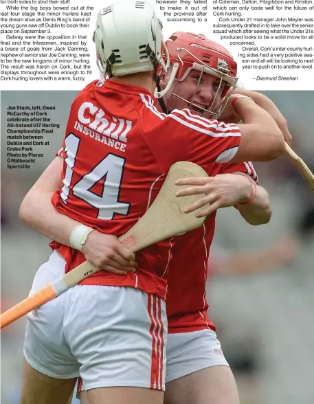  ??  ?? Joe Stack, left, Owen McCarthy of Cork celebrate after the All-Ireland U17 Hurling Championsh­ip Final match between Dublin and Cork at Croke Park Photo by Piaras Ó Mídheach/ Sportsfile