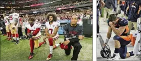  ?? AP PHOTO/JOHN BAZEMORE, FILE AP PHOTO/THE DENVER POST, TIM RASMUSSEN ?? In this Dec. 18, 2016, file photo, San Francisco 49ers quarterbac­k Colin Kaepernick (7) and outside linebacker Eli Harold (58) kneel during the playing of the national anthem before an NFL football game against the Atlanta Falcons in Atlanta. The...