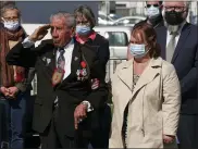  ?? NICOLAS GARRIGA-ASSOCIATED PRESS ?? Charles Shay, the 96-year-old native American from Indian Island, Maine, salutes during a D-Day ceremony in Carentan, Normandy.