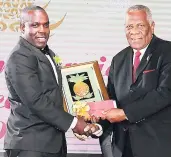  ??  ?? Lennox Williams of Goldeneye accepts one of five special recognitio­n awards from chairman of the Tourism Enhancemen­t Fund, Godfrey Dyer (right).