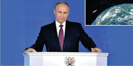  ??  ?? Il presidente della Federazion­e russa Vladimir Putin, 65 anni, ieri davanti alle Camere del Parlamento a Mosca. Nel riquadro in alto, la simulazion­e del lancio del super missile