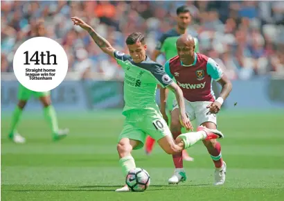  ?? — AFP ?? Liverpool’s Philippe Coutinho scored two goals in 4-0 win over West Ham United.