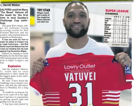  ??  ?? TRY STAR Wigan could get a taste of the medicine Manu Vatuvei can dish out