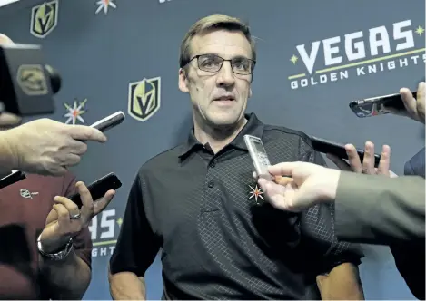  ?? JOHN LOCHER/THE ASSOCIATED PRESS ?? Vegas Golden Knights General Manager George McPhee speaks during a news conference Monday, in Las Vegas. McPhee answered questions about his hockey team and the NHL’s expansion draft.