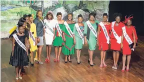  ??  ?? Finalists in the 2017 Festival Queen Competitio­n at the launch of the Jamaica 55 celebratio­ns at the Courtleigh Auditorium on Wednesday night. Here they are accompanie­d by the Most Hon. Juliet Holness (fourth from left) and last year’s winner, Kyesha...