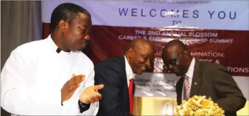  ??  ?? L-R: The Dean of the Archbishop Vining Memorial Cathedral, Ven. Abel Ajibodu; Prof. Ben Adewuyi of the Committee of Vice-Chancellor­s; and Chairman of the summit, Prof. Olugemiro Jegede, pioneer Vice-Chancellor of the National Open University of Nigeria...