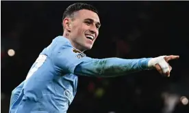  ?? Ellis/AFP/Getty Images ?? Phil Foden celebrates the second of his three goals against Aston Villa. Photograph: Paul