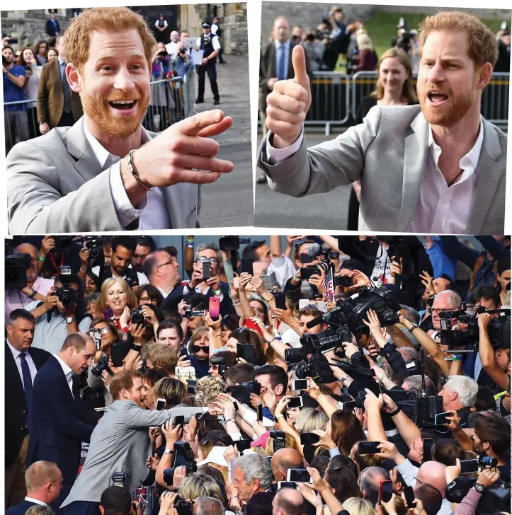  ??  ?? Lost in a sea of cameras: Prince Harry in the grey jacket with best man Prince William to his left reaches into the crowd to shake hands with well-wishers