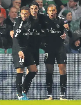  ?? Picture: Getty Images ?? LETHAL. Neymar (left) celebrates with Paris Saint-Germain team-mates Edinson Cavani and Kylian Mbappe after scoring against Celtic on Tuesday.