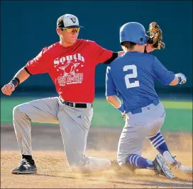  ?? CONTRIBUTE­D BY JAMIE HARMS ?? Vandegrift second baseman Grant Prussel tags out Georgetown’s Parker Tadlock of the North during Sunday’s All-Star game at Dell Diamond.