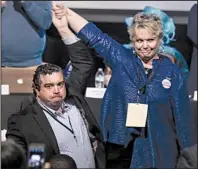  ?? Arkansas Democrat-Gazette/STEPHEN B. THORNTON ?? State Rep. Michael John Gray of Augusta and Denise Garner, a nonprofit executive from Fayettevil­le, vied Saturday to become chairman of the state Democratic Party.