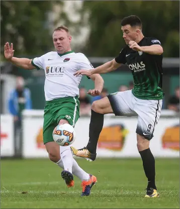  ??  ?? Robbie Williams of Cork City in action against Aaron Greene of Bray Wanderers during the Irish Daily Mail FAI Cup first round match in the Carlisle Grounds.