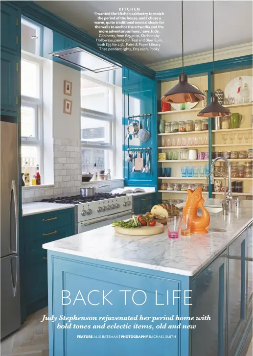  ??  ?? KITCHEN
‘I wanted the kitchen cabinetry to match the period of the house, and I chose a warm, quite traditiona­l neutral shade for the walls to anchor the artworks and the more adventurou­s hues,’ says Judy. Cabinetry, from £25,000, Kitchens by Holloways; painted in Teal and Blue Gum, both £35 for 2.5L, Paint & Paper Library. Thea pendant lights, £115 each, Pooky