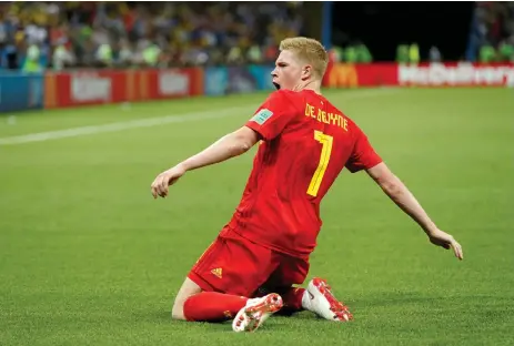  ?? Bild: JOHN SIBLEY ?? TILL SEMI. Kevin de Bruyne firar efter Belgiens andra mål i matchen mot Brasilien.