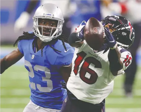  ?? GREGORY SHAMUS/ GETTY IMAGES ?? Keke Coutee and the Houston Texans clobbered Desmond Trufant and the Detroit Lions defence on U.S. Thanksgivi­ng as the visiting Texans scored a 41-25 victory at Ford Field in the first game of the NFL'S annual holiday doublehead­er.