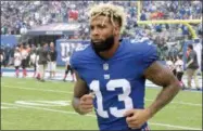  ?? BILL KOSTROUN — THE ASSOCIATED PRESS FILE ?? In this file photo, New York Giants wide receiver Odell Beckham warms up prior to an NFL football game against the Los Angeles Chargers, in East Rutherford, N.J.