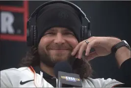  ?? KARL MONDON — BAY AREA NEWS GROUP ?? San Francisco Giants shortstop Brandon Crawford smiles during a radio interview the team's Fanfest event on Feb. 4 at Oracle Park in San Francisco.