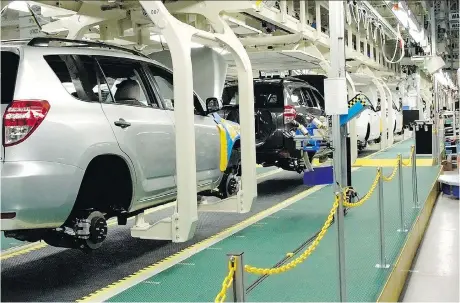  ?? CNW GROUP ?? Toyota RAV4s are built in a plant in Woodstock, Ont. Some observers say U.S. auto duties would pose immediate difficulti­es for all auto manufactur­ers in Canada, but U.S. manufactur­ers would be hit even harder since they export more of the vehicles...