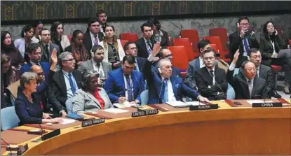  ?? ZHANG MINLU / CHINA DAILY ?? Members of the United Nations Security Council vote on a Gaza resolution at the UN headquarte­rs in New York City on March 25. The resolution was passed with 14 out of 15 votes. The US abstained.