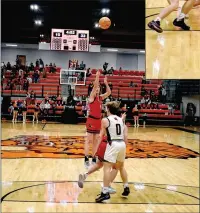  ?? ?? (Left photo) Simpson buried this 3-pointer from the top of the key behind a screen and assist by Taylor. Taylor brought the ball up guarded by DeWitt, then sent a pass between his legs to Simpson behind him. The ploy replicates an old Harlem Globetrott­er trick and worked just like it’s drawn up.