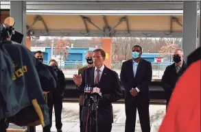  ?? Ben Lambert / Hearst Connecticu­t Media ?? Sen. Richard Blumenthal. D-Conn., speaks at the West Haven train station on Monday.