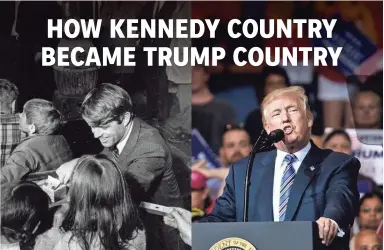  ?? FILE PHOTO BY AP, LEFT; JUSTIN MERRIMAN/GETTY IMAGES ?? At left, Sen. Robert F. Kennedy visits students in rural Breathitt County, Ky. and chats with two girls at Millers Branch School in February 1968. President Trump rallies with supporters in August 2017 at the Big Sandy Superstore Arena in Huntington,...