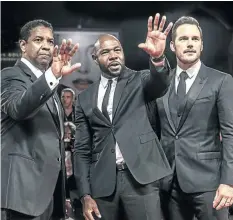  ?? Picture: GALLO/GETTY ?? SHARP SHOOTERS: Denzel Washington, director Antoine Fuqua and Chris Pratt at the 'Magnificen­t Seven' premiere in Venice